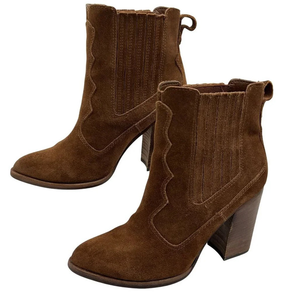 Dolce Vita Womens 7.5 Conway Brown Suede Ankle Boots Scalloped Booties Western - Picture 1 of 16